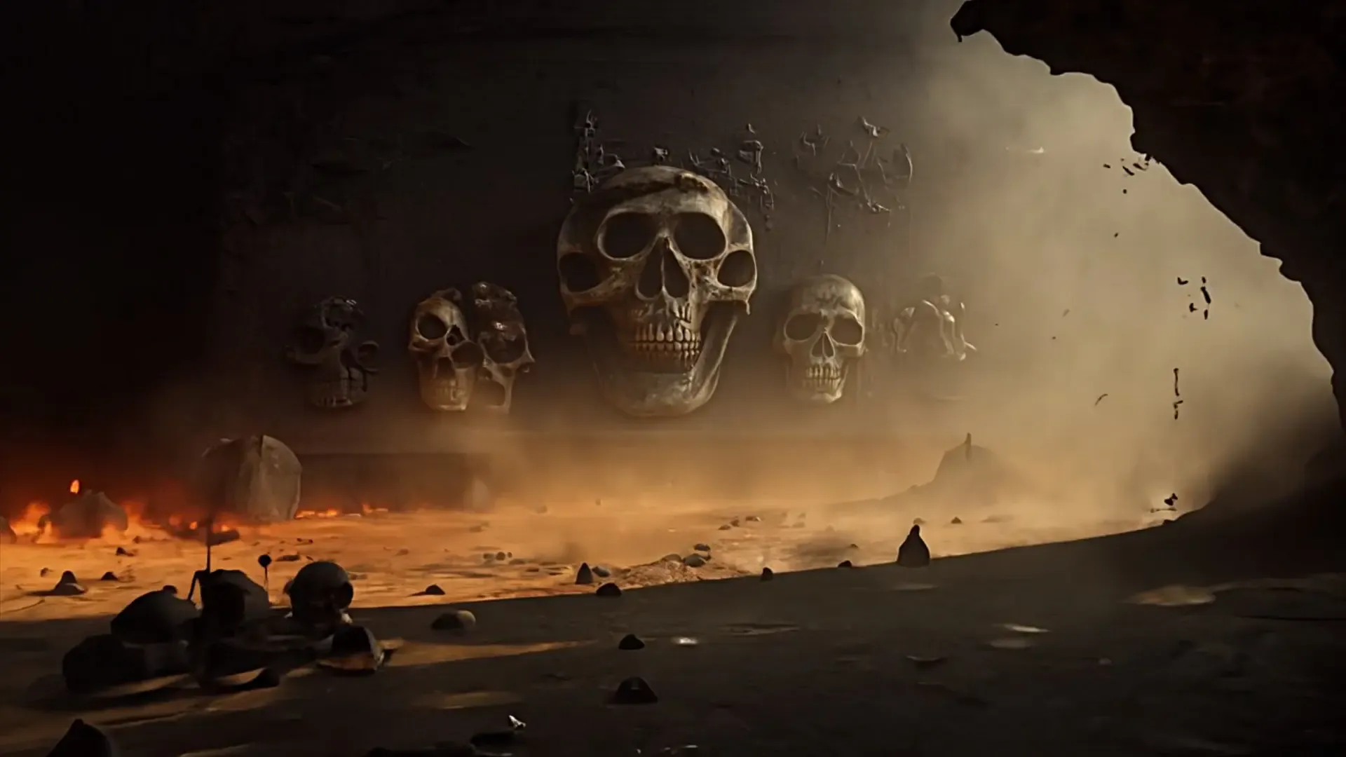 Creepy Skull Carvings in Lava Cave Background for Logo and Title Animation